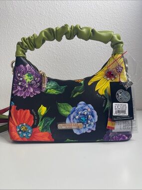 Nicole Lee Black Floral Shoulder Bag with Green Scrunchie Handle